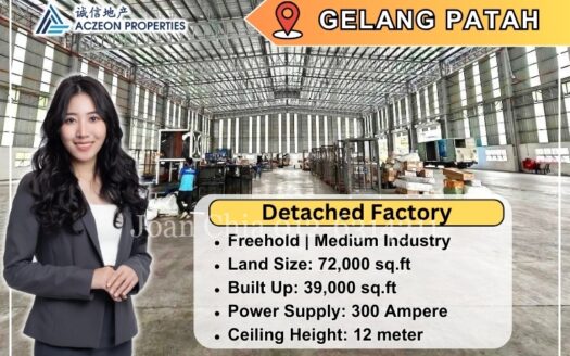 For Sale Gelang Patah Detached Factory, Ceiling Height 12 meter